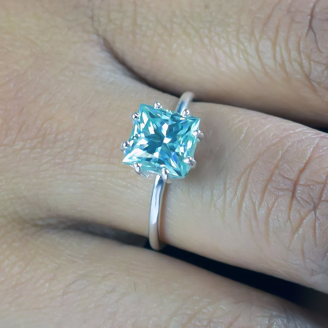 5.5ct DEW Blue Moissanite Princess Solitaire Ring