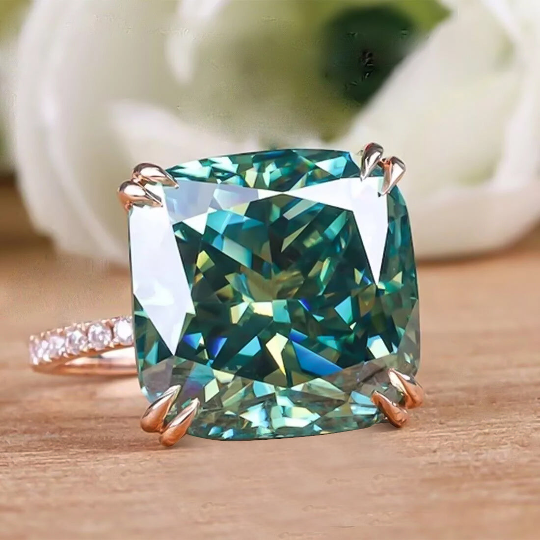 13.3ct DEW Blue Moissanite Cushion Solitaire Ring
