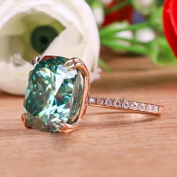 13.3ct DEW Blue Moissanite Cushion Solitaire Ring
