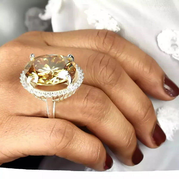 13.6ct DEW Champagne Moissanite Oval Solitaire Ring