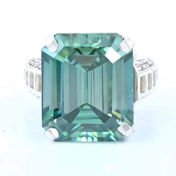 19.5ct DEW Blue Moissanite Emerald Solitaire Ring