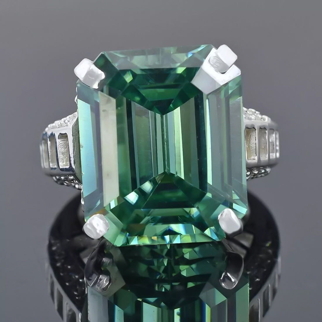 19.5ct DEW Blue Moissanite Emerald Solitaire Ring