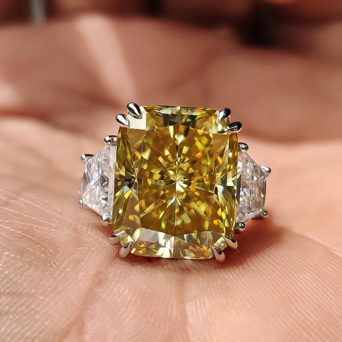 25.5ct DEW Champagne Moissanite Radiant Solitaire Ring