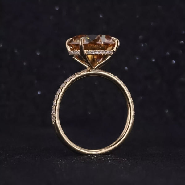 Certified 10.50 ct DEW Round Cut Champagne Moissanite Ring Gold Vermeil Jewellery
