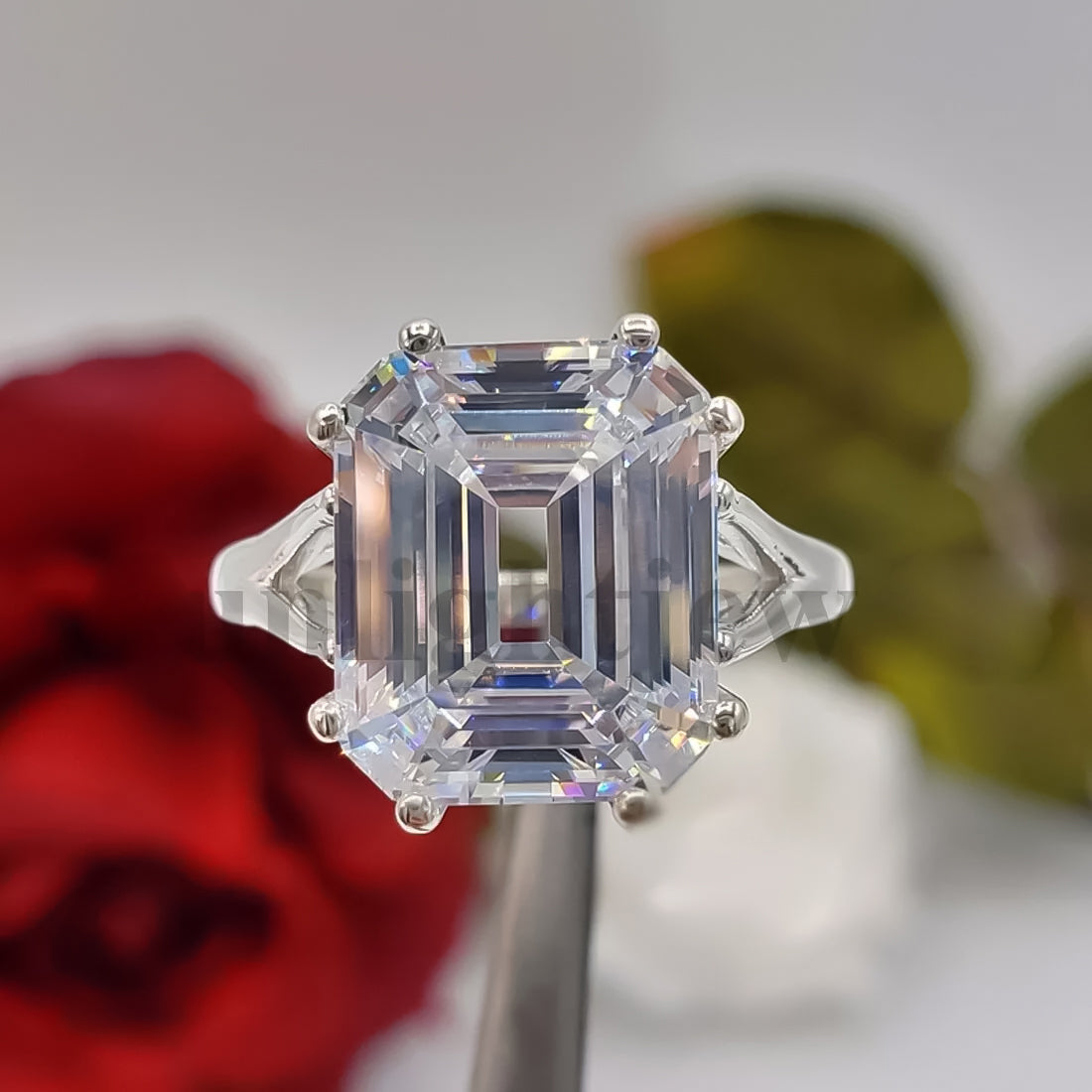 9.25ct DEW White Moissanite Emerald Solitaire Ring