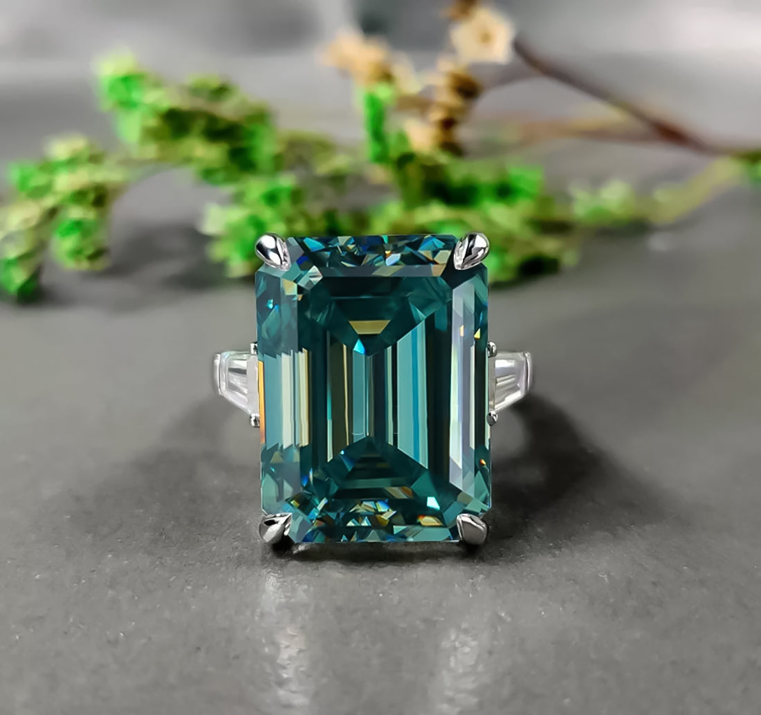 5.85 ct DEW Emerald Cut Blue Moissanite Ring In With Certificate 18K Gold Plated Vermei 18K Gold Plated