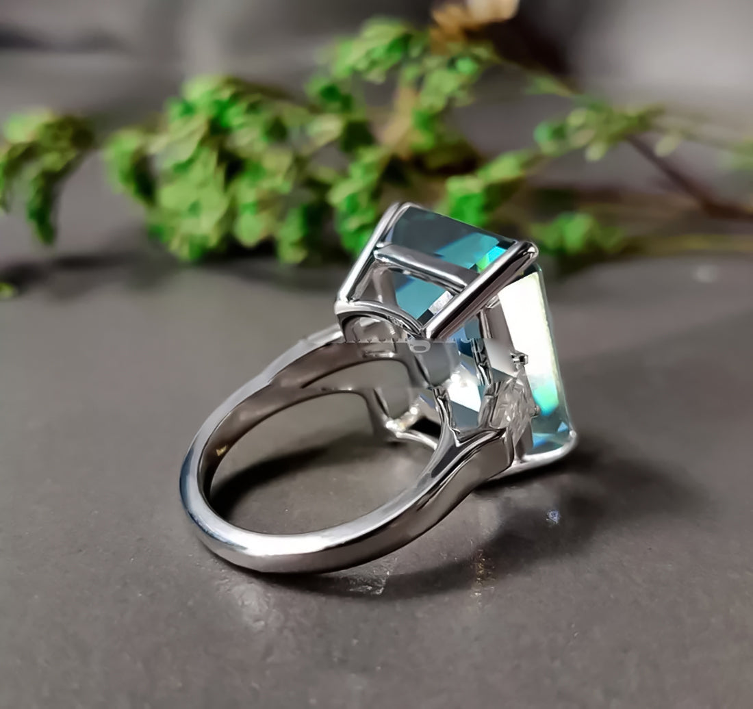 5.85 ct DEW Emerald Cut Blue Moissanite Ring In With Certificate 18K Gold Plated Vermei 18K Gold Plated