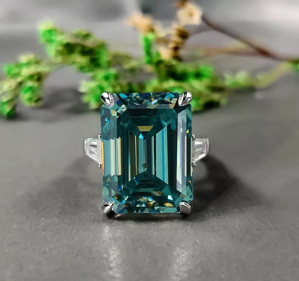 5.85 ct DEW Emerald Cut Blue Moissanite Ring In With Certificate 18K Gold Plated Vermei 18K Gold Plated