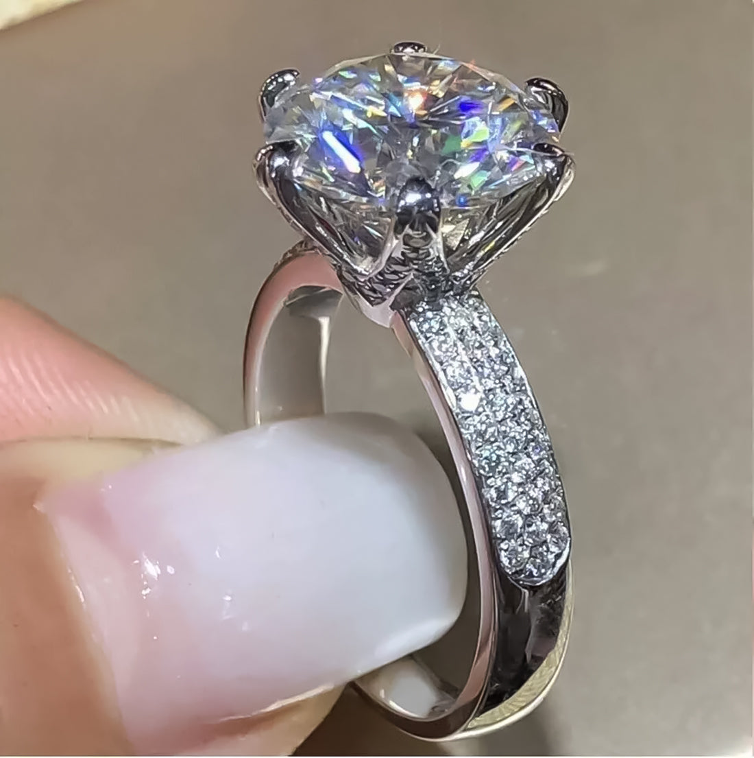 Certified 4.80 ct DEW Round Cut White Moissanite Solitaire Statement Ring 18K Gold Plat 18K Gold Plated
