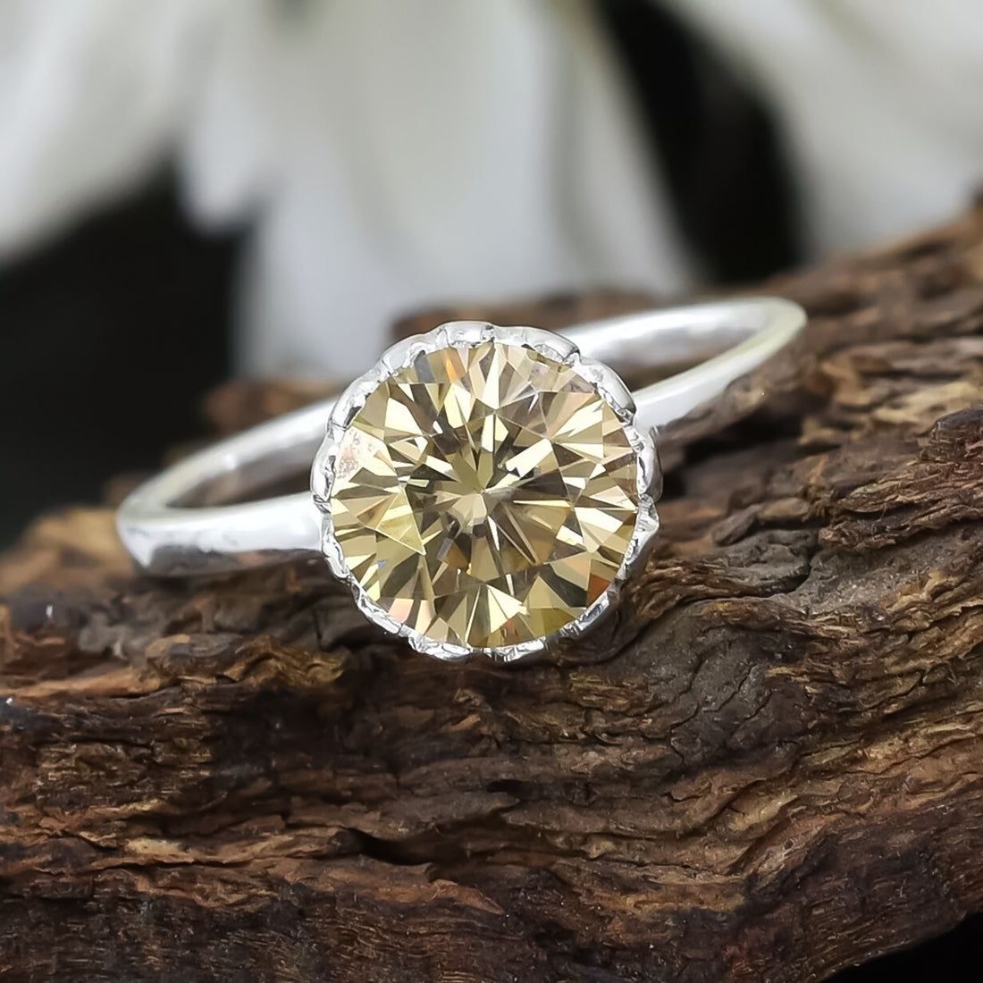 4.25 ct DEW Round Brilliant Cut Certified Champagne Moissanite Ring 18K Gold Plated Ver 18K Gold Plated