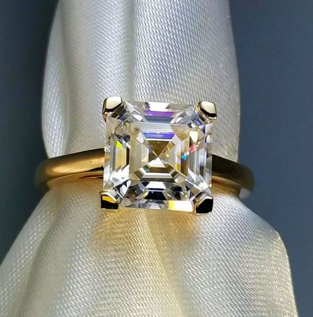 3.70 ct DEW Certified White Moissanite Asscher Cut Solitaire Rings 18K Gold Plated Verm 18K Gold Plated