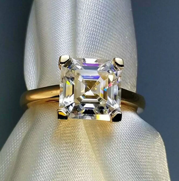 3.70 ct DEW Certified White Moissanite Asscher Cut Solitaire Rings 18K Gold Plated Verm 18K Gold Plated