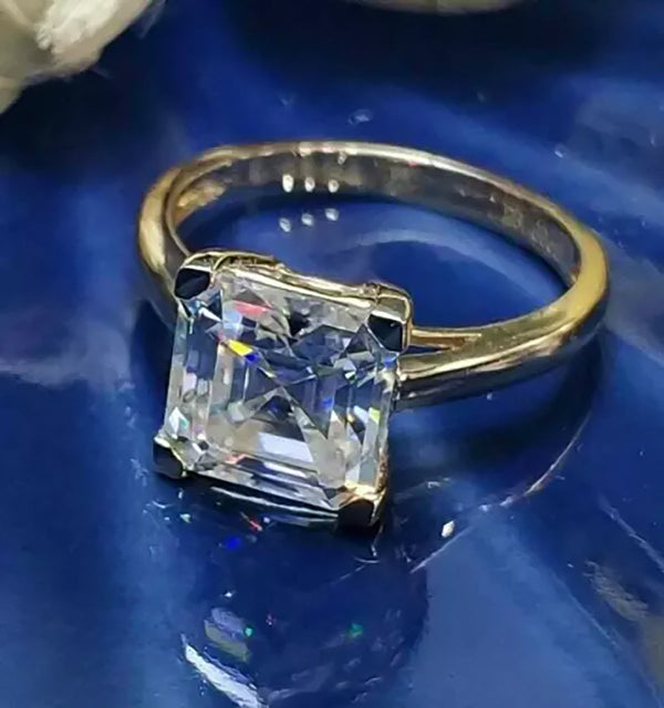 3.70 ct DEW Certified White Moissanite Asscher Cut Solitaire Rings 18K Gold Plated Verm 18K Gold Plated