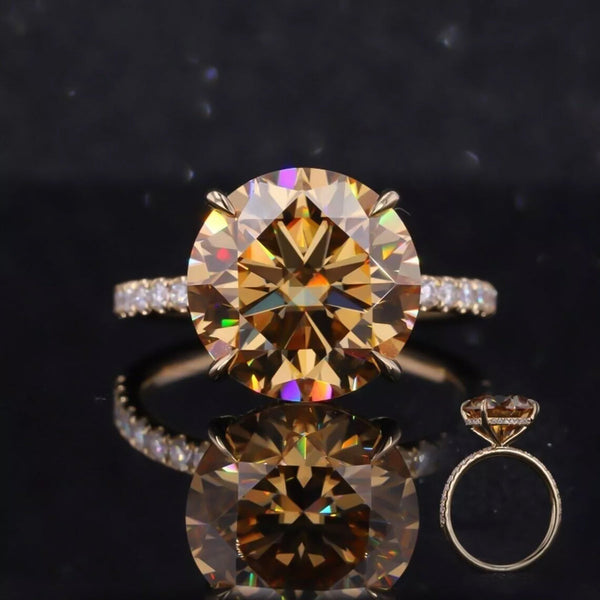 4 ct DEW Certified Round Cut Champagne Moissanite Ring With Accents Wedding 18K Gold Plated
