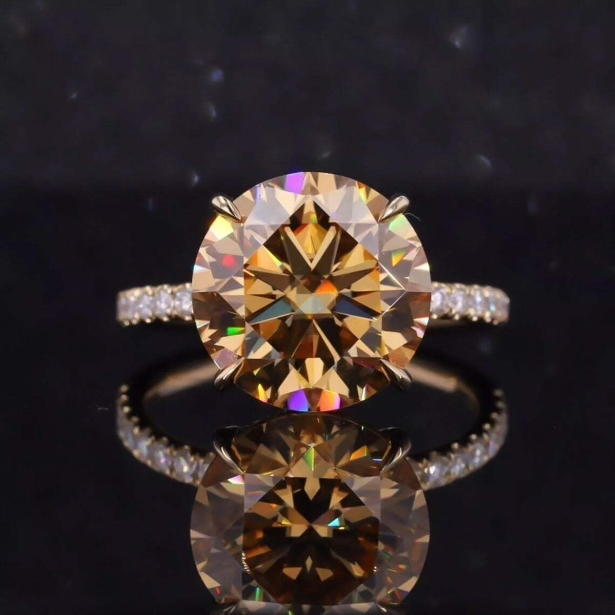 4 ct DEW Certified Round Cut Champagne Moissanite Ring With Accents Wedding 18K Gold Plated