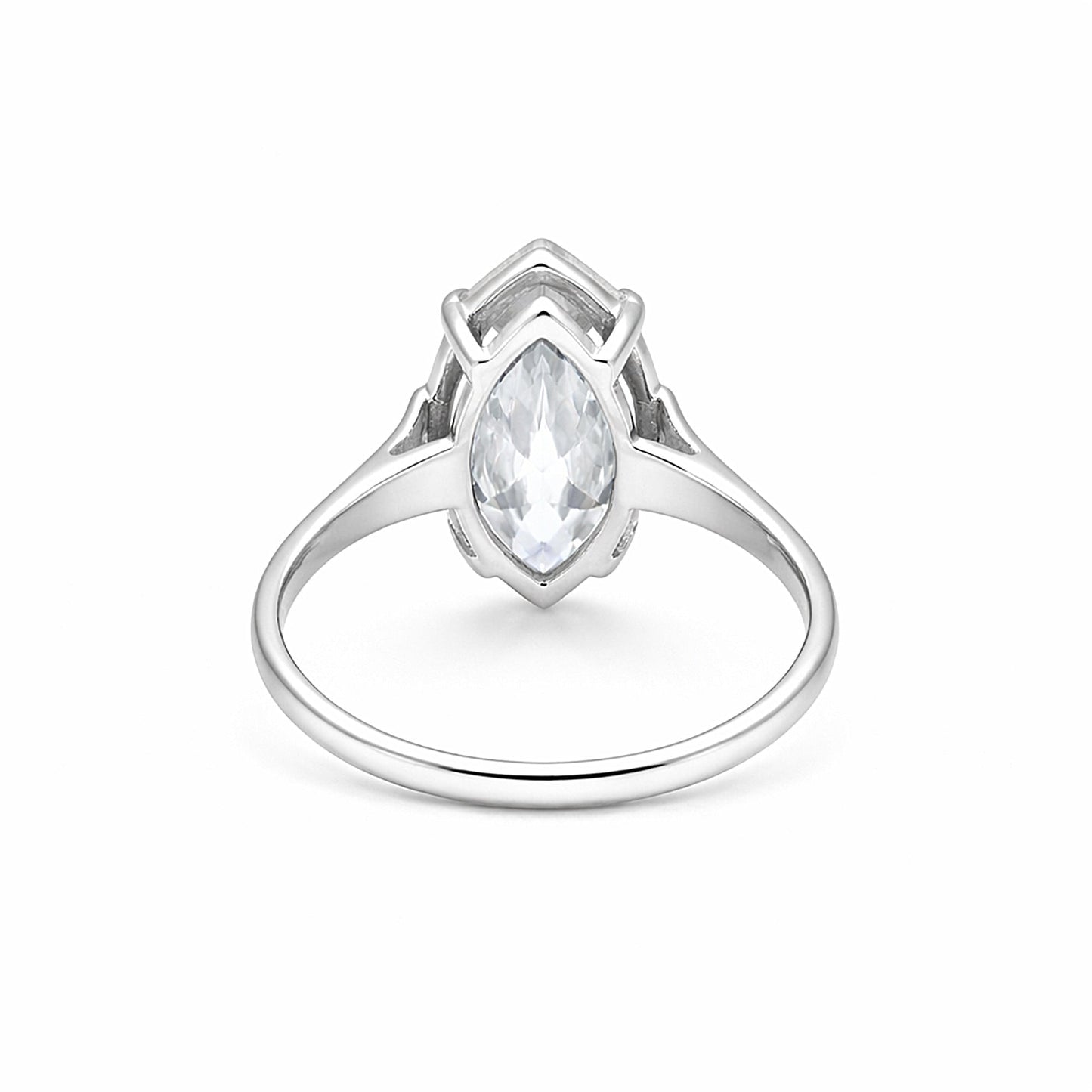 Close-up of marquise cut lab diamond, VS1 clarity, full crown and pavilion