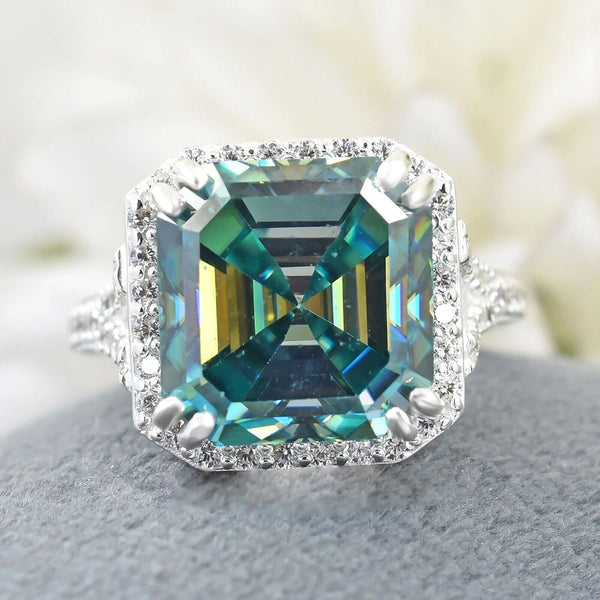 8.7ct DEW Blue Moissanite Asscher Solitaire Ring