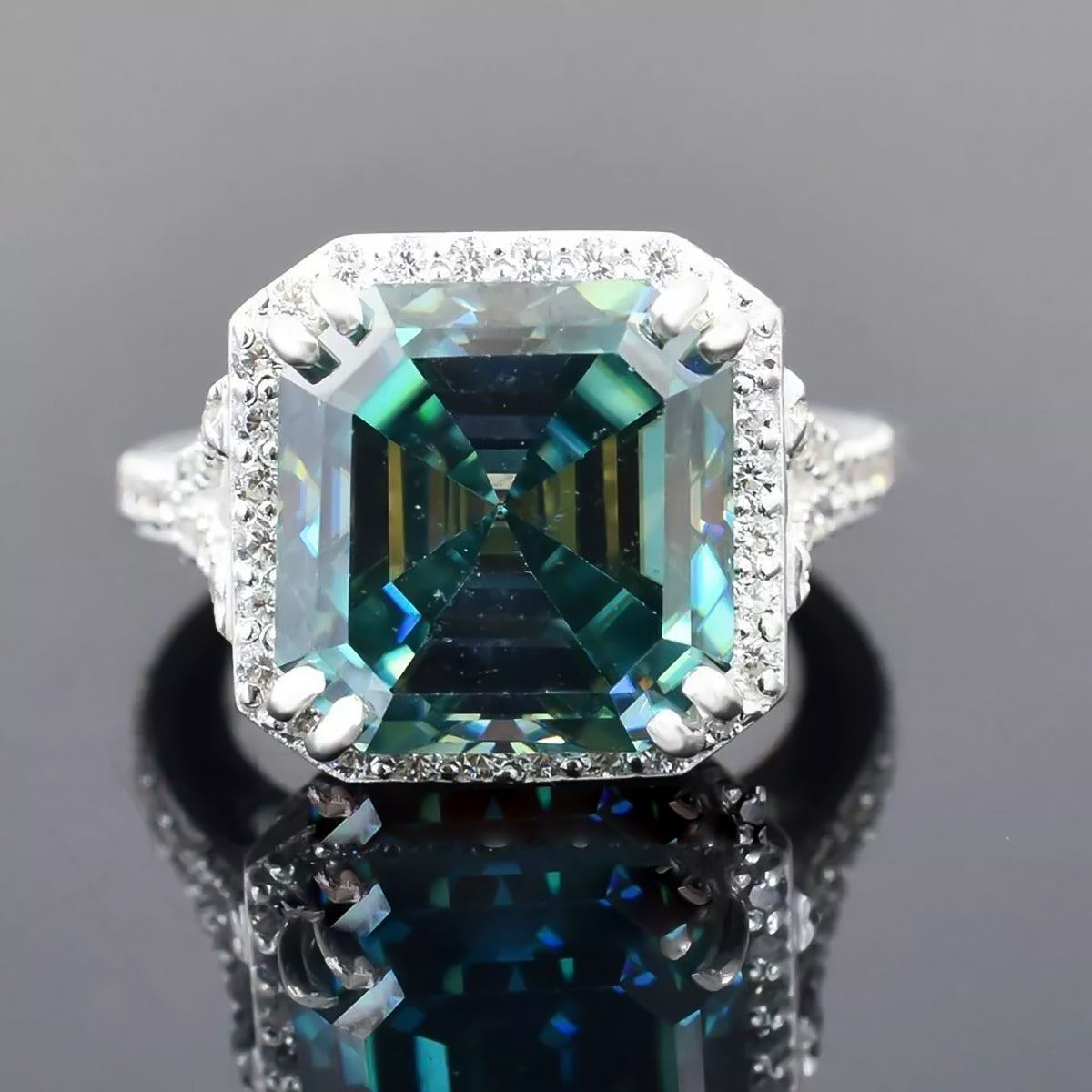 8.7ct DEW Blue Moissanite Asscher Solitaire Ring
