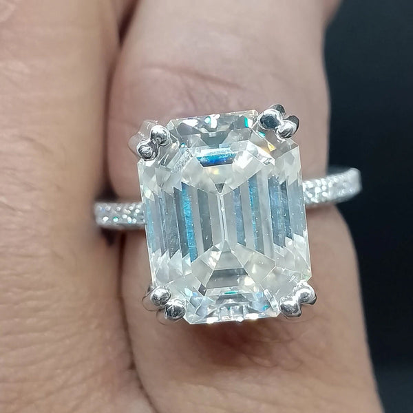8.7ct DEW White Moissanite Emerald Solitaire Ring