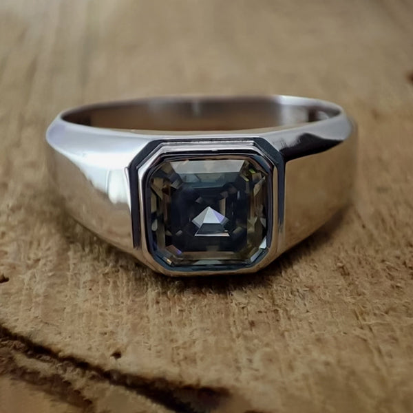 3.7ct DEW Grey Moissanite Asscher Solitaire Ring