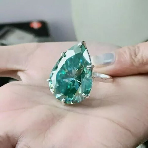 19.6ct DEW Blue Moissanite Pear Solitaire Ring