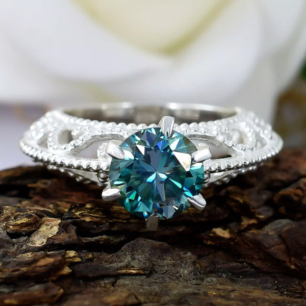2.90ct DEW Blue Moissanite Round Solitaire Ring | 18K Gold Vermeil | GRA Certified