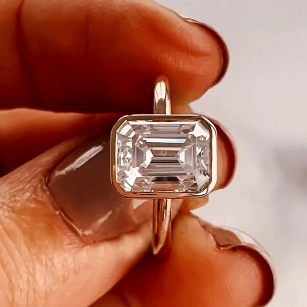 4.50 ct DEW Emerald Cut Off White Moissanite Ring in Certified Shine 18K Gold Plated Ve 18K Gold Plated