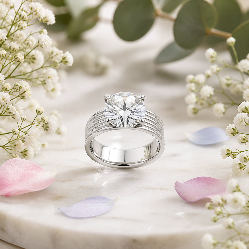 5.00 ct DEW White Round Cut Treated Moissanite Ring in Certified Beauty 18K Gold Plated