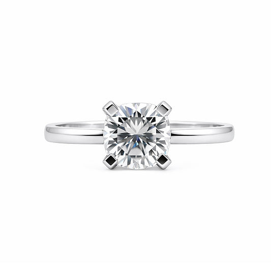 Side profile of 2.6ct cushion diamond ring on gold vermeil prong setting