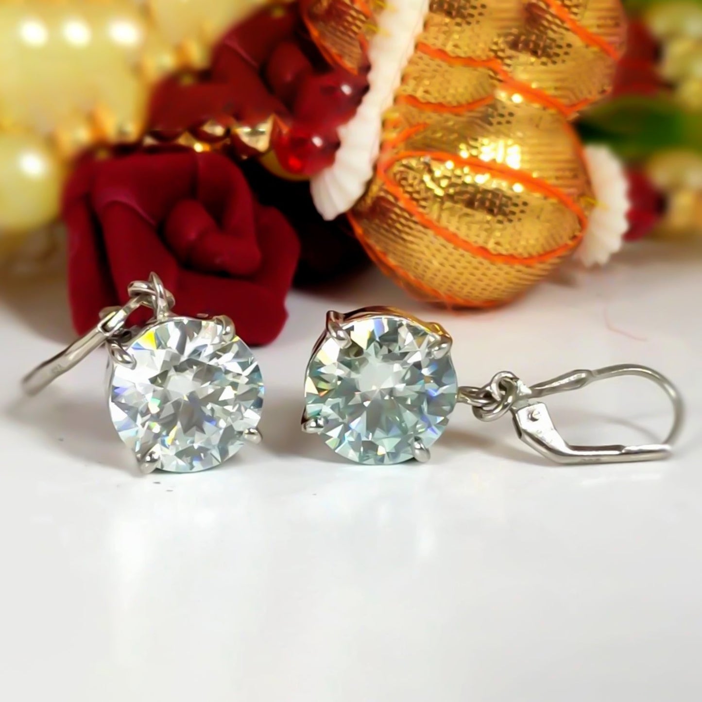 8 ct DEW Treated White Moissanite Dangler Earrings Gold Vermeil Certified Jewellery