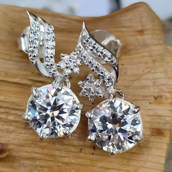5 ct DEW White Moissanite Dangler Earrings Gold Vermeil Treated Certified Stunning