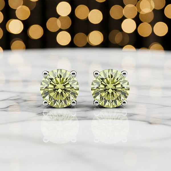 3.60 Ct Round Cut Green Lab Grown Diamond Stud Earrings — VS1 Clarity, 18k Gold Vermeil