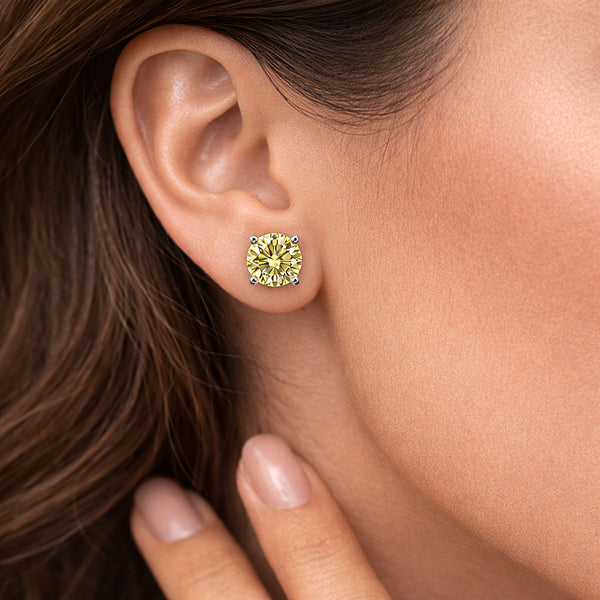 3.60 Ct Round Cut Green Lab Grown Diamond Stud Earrings — VS1 Clarity, 18k Gold Vermeil