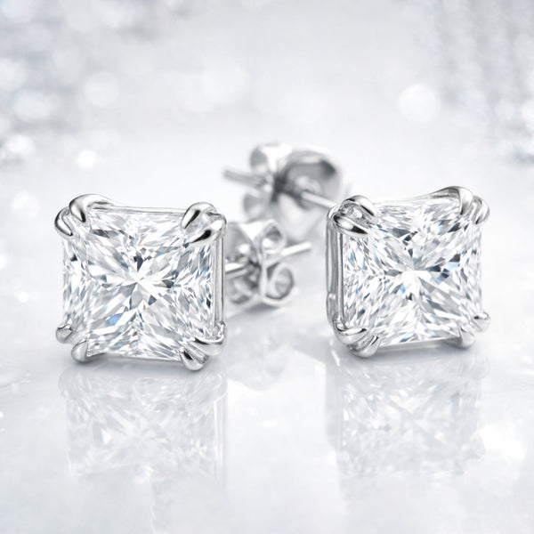 2 Ct Princess Cut Lab Grown Diamond Stud Earrings — VS1 Clarity, 18k Gold Vermeil