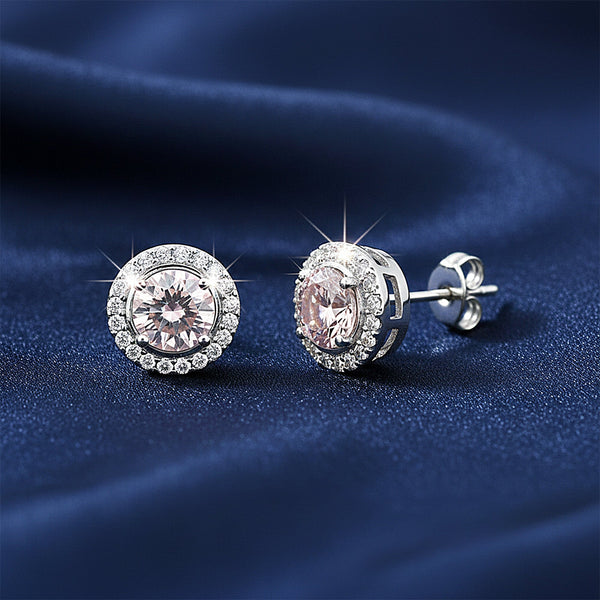 2 Ct Round Cut Light Pink Lab Grown Diamond Stud Earrings — VS1 Clarity, 18k Gold Vermeil