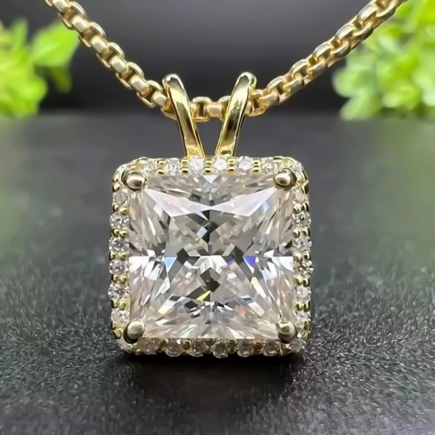 6.50 ct DEW Princess Cut White Moissanite Solitaire Pendant Gold Vermeil Certified