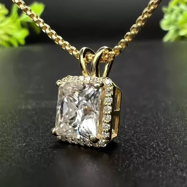 6.50 ct DEW Princess Cut White Moissanite Solitaire Pendant Gold Vermeil Certified