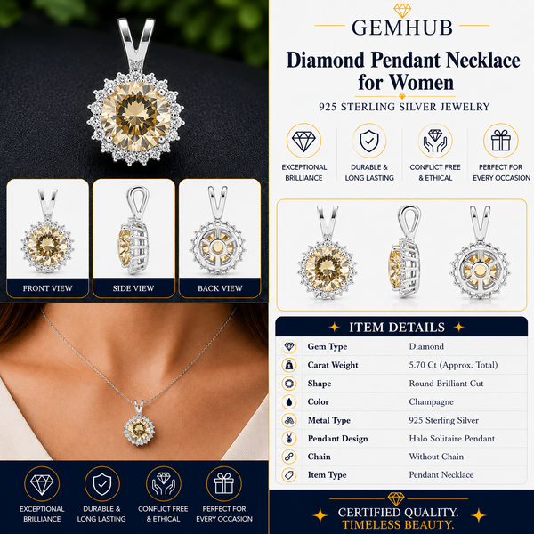 5.70 ct DEW Champagne Moissanite Pendant in Gold Vermeil Certified for Her Gift