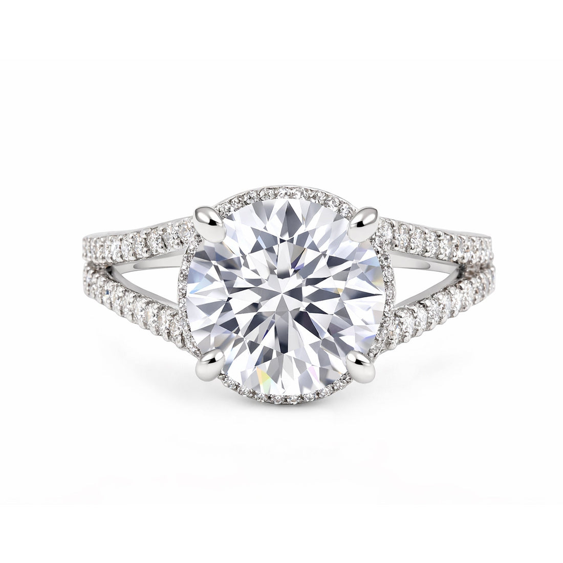 Close-up of round brilliant centre stone with pavé-set diamond accent stones