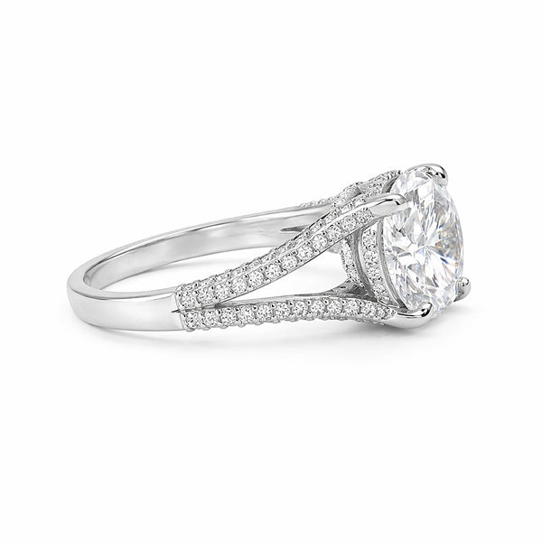 Detail of pavé split-shank band on lab diamond ring in 18k gold vermeil