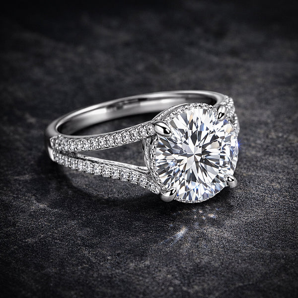 Round lab diamond solitaire with pavé shoulders on dark background, full fire