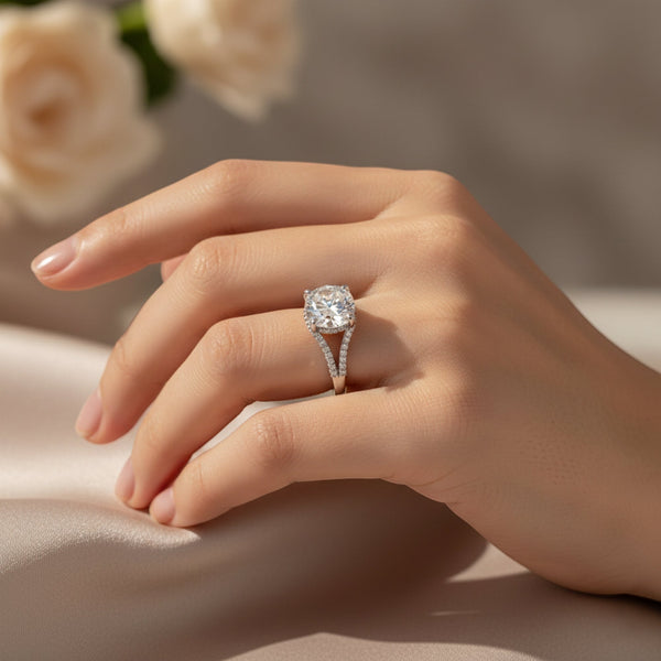3.1ct lab diamond pavé ring worn on hand, engagement-ring styling with sparkle