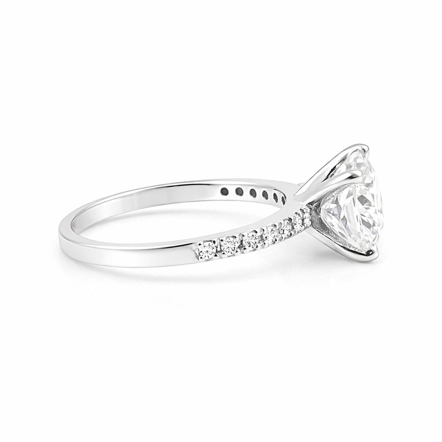 Cushion cut 3.2ct lab diamond ring worn on hand, vintage engagement styling