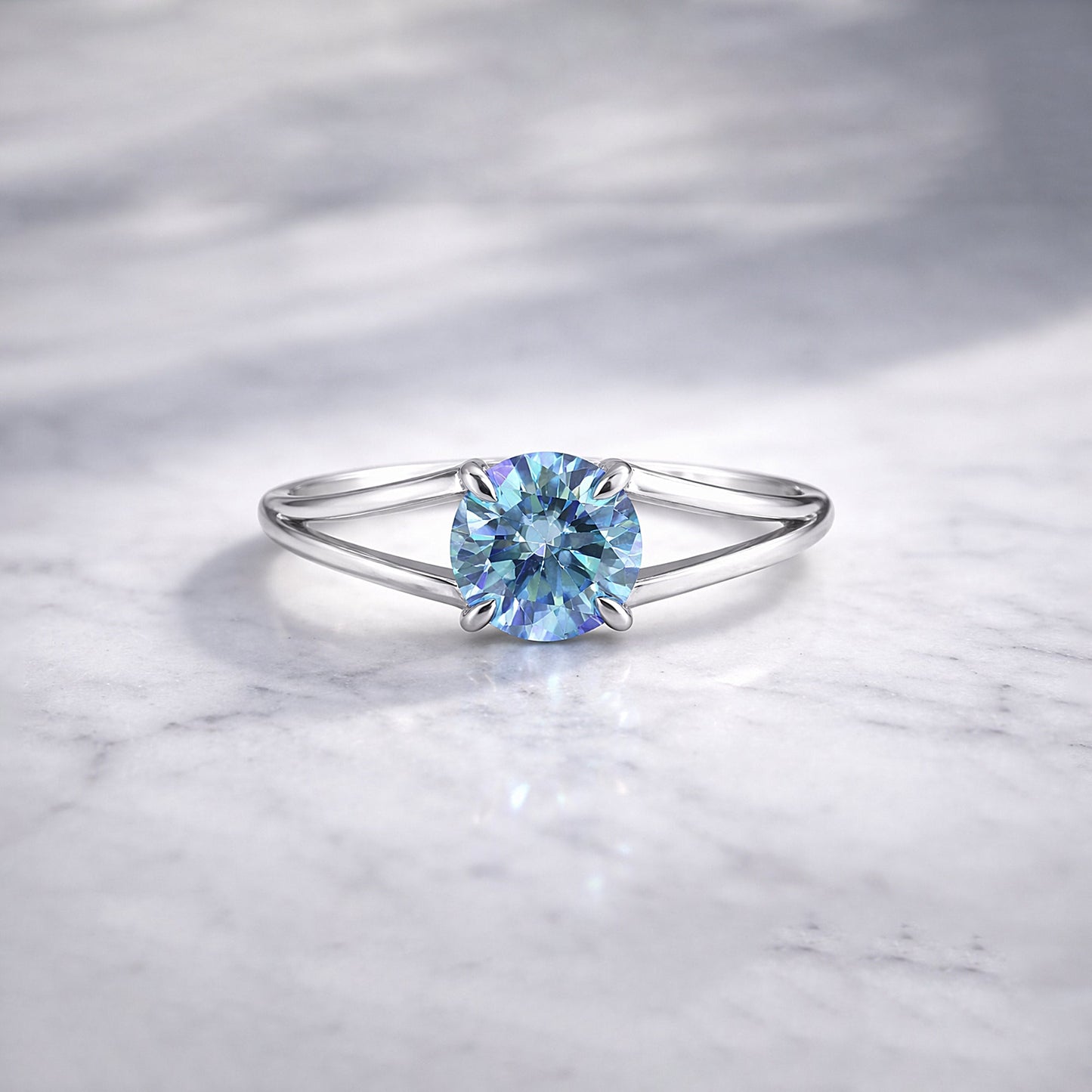 Certified 5.15 ct DEW Round Blue Moissanite Ring in for Wedding 18K Gold Plated