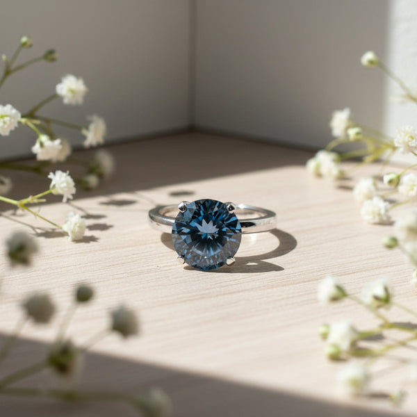 Certified 3.60 ct DEW Round Cut Blue Moissanite Solitaire Ring In Gold Vermeil