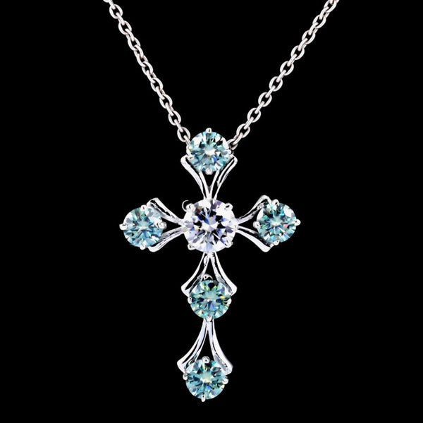 5.00 ct DEW Round Cut Blue & White Moissanite In Gold Vermeil Plus-Shape Necklace