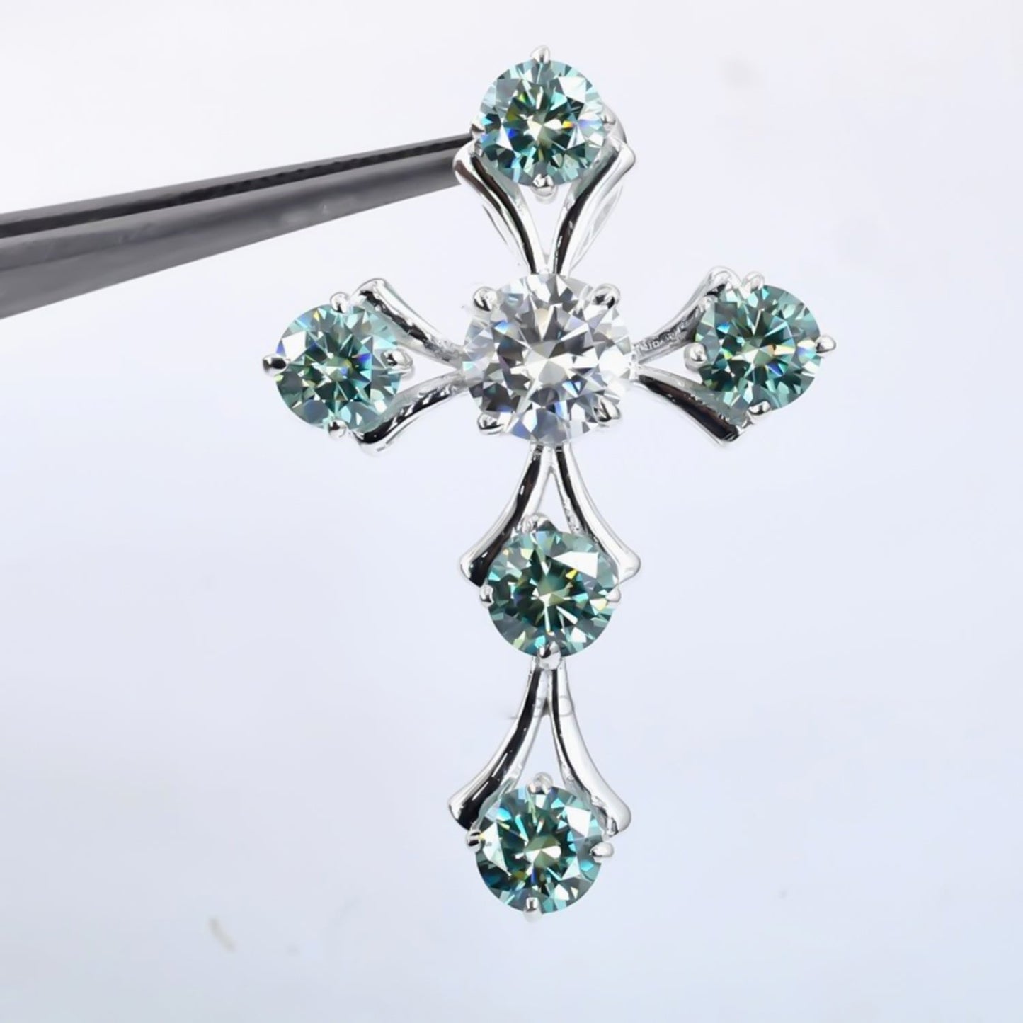 5.00 ct DEW Round Cut Blue & White Moissanite In Gold Vermeil Plus-Shape Necklace