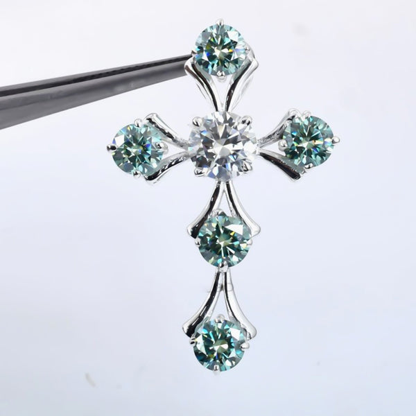 5.00 ct DEW Round Cut Blue & White Moissanite In Gold Vermeil Plus-Shape Necklace