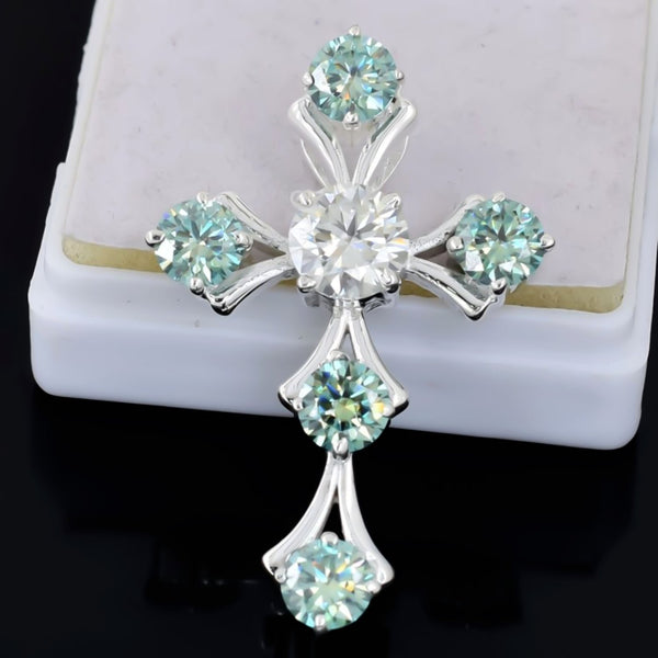 5.00 ct DEW Round Cut Blue & White Moissanite In Gold Vermeil Plus-Shape Necklace