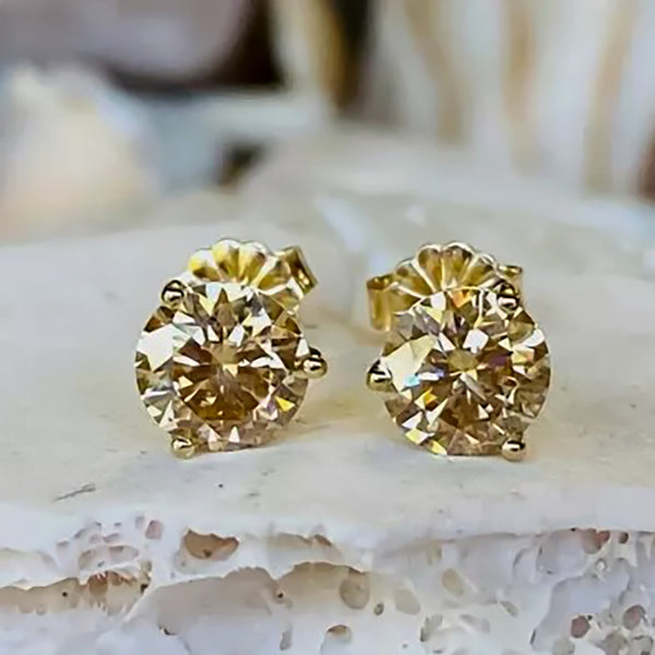 4 ct DEW Certified Champagne Moissanite Solitaire Studs In Gold Vermeil